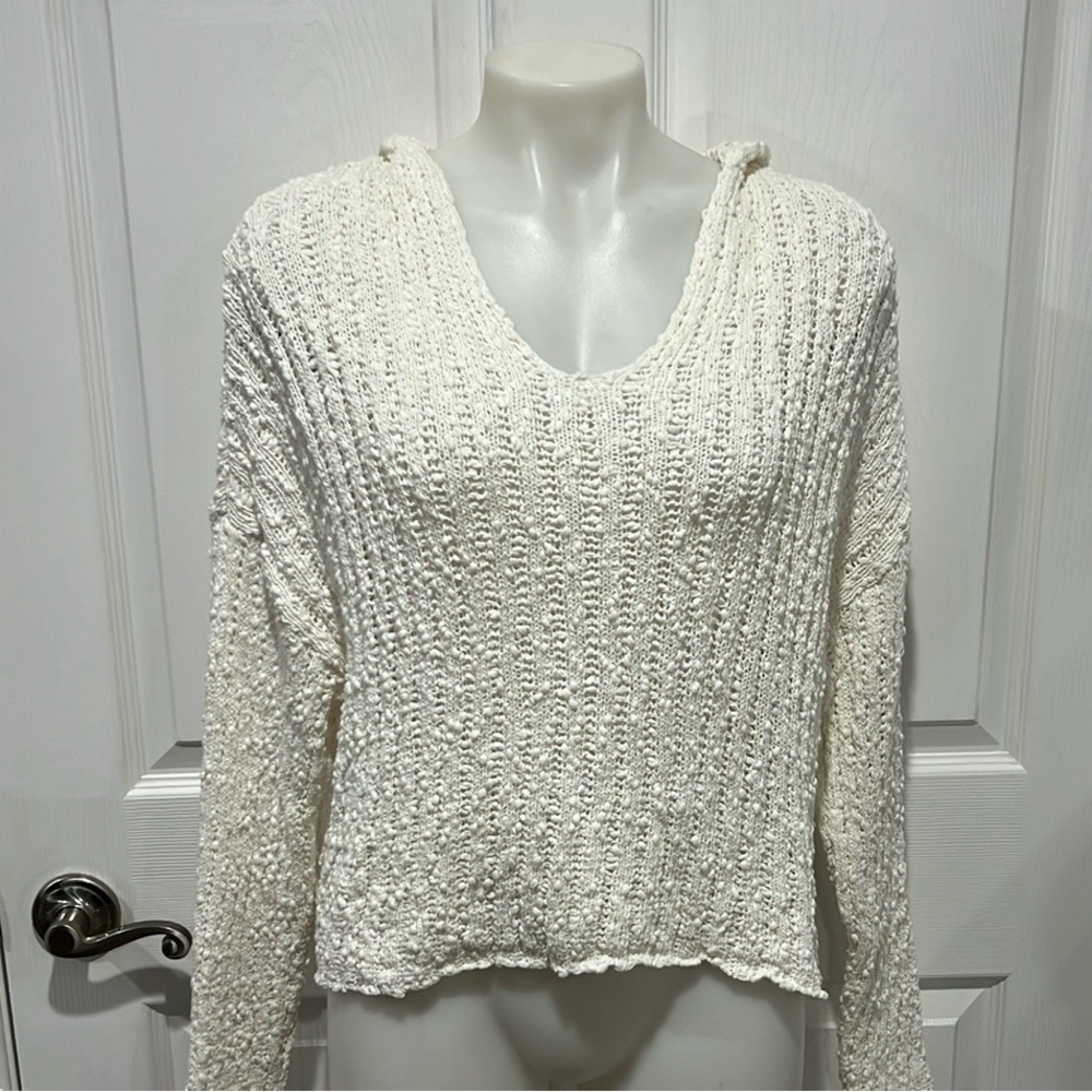 L*Space cream Olympia v neck hooded open knit cotton sweater size Small